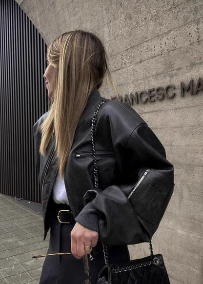 Cropped Faux Leather Bomber Jacket Black
