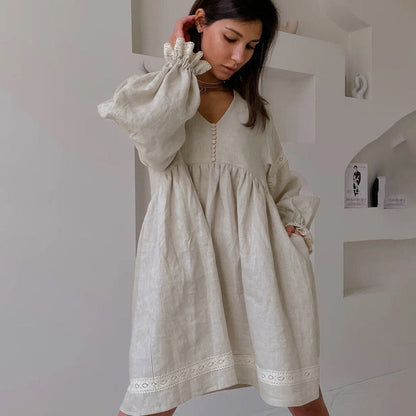 French Style V-Neck Lantern Sleeve A-Line Dress Casual Cotton Linen Blend