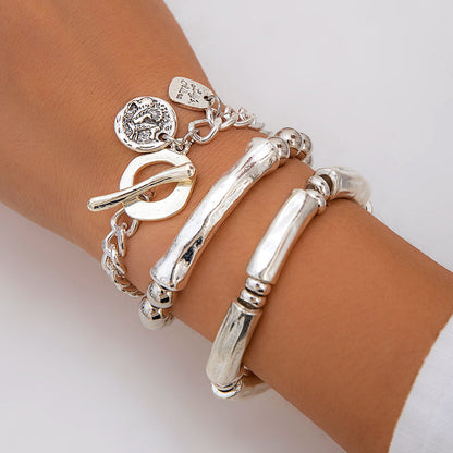 Heart-Shaped Metal Pendant Bead Bracelet Set Stylish Chunky Chain Bracelet For Women