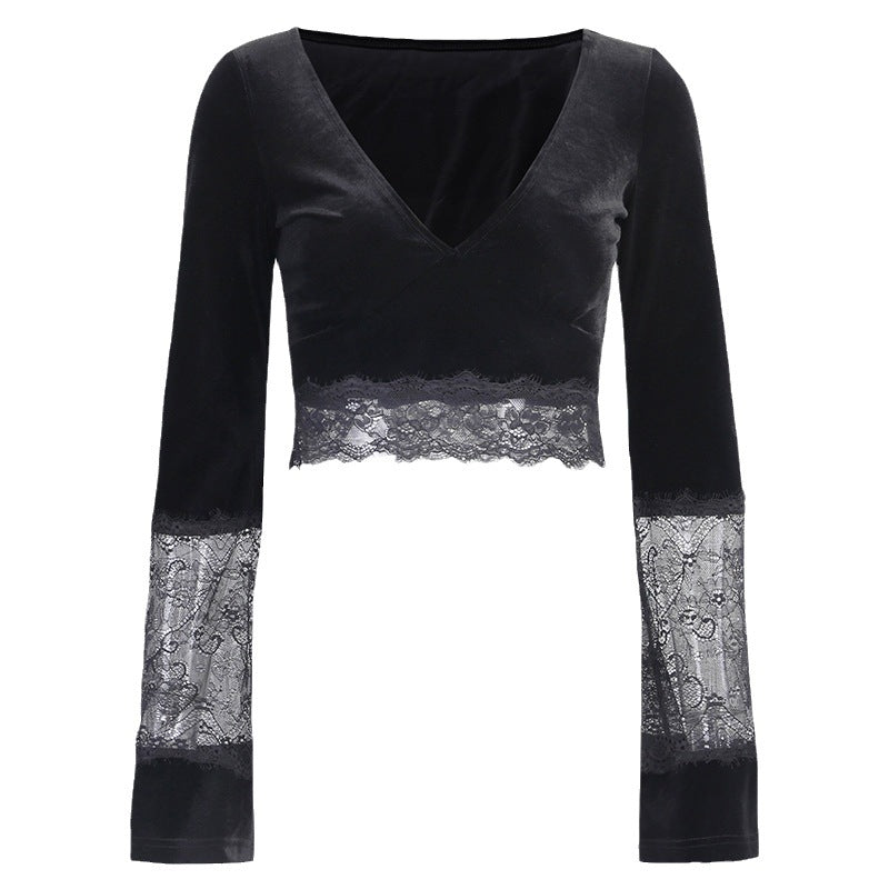 Sheer Crop Top With Lace Insert And Bell Sleeves