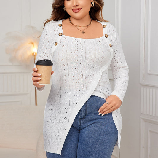 White Long Sleeve Square Neck Blouse Casual Plus Size Tunic