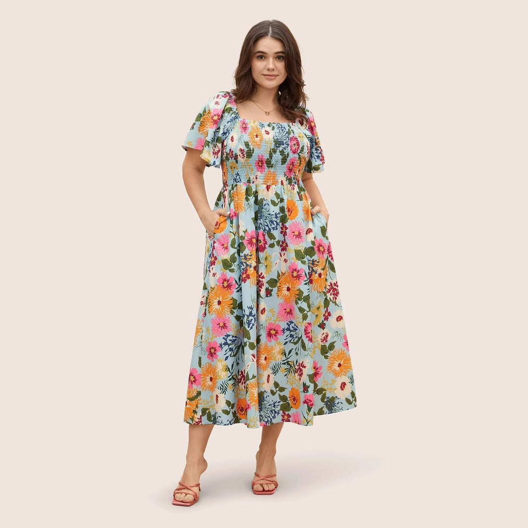 Plus Size A-Line Floral Maxi Dress With Square Neck