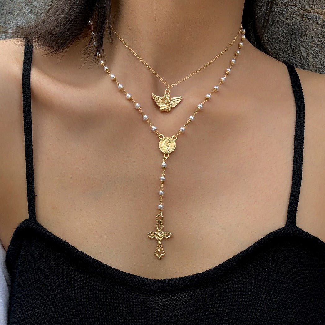 Vintage Angel Geometric Y-Shaped Necklace With Pearl Tassel