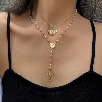Vintage Angel Geometric Y-Shaped Necklace With Pearl Tassel