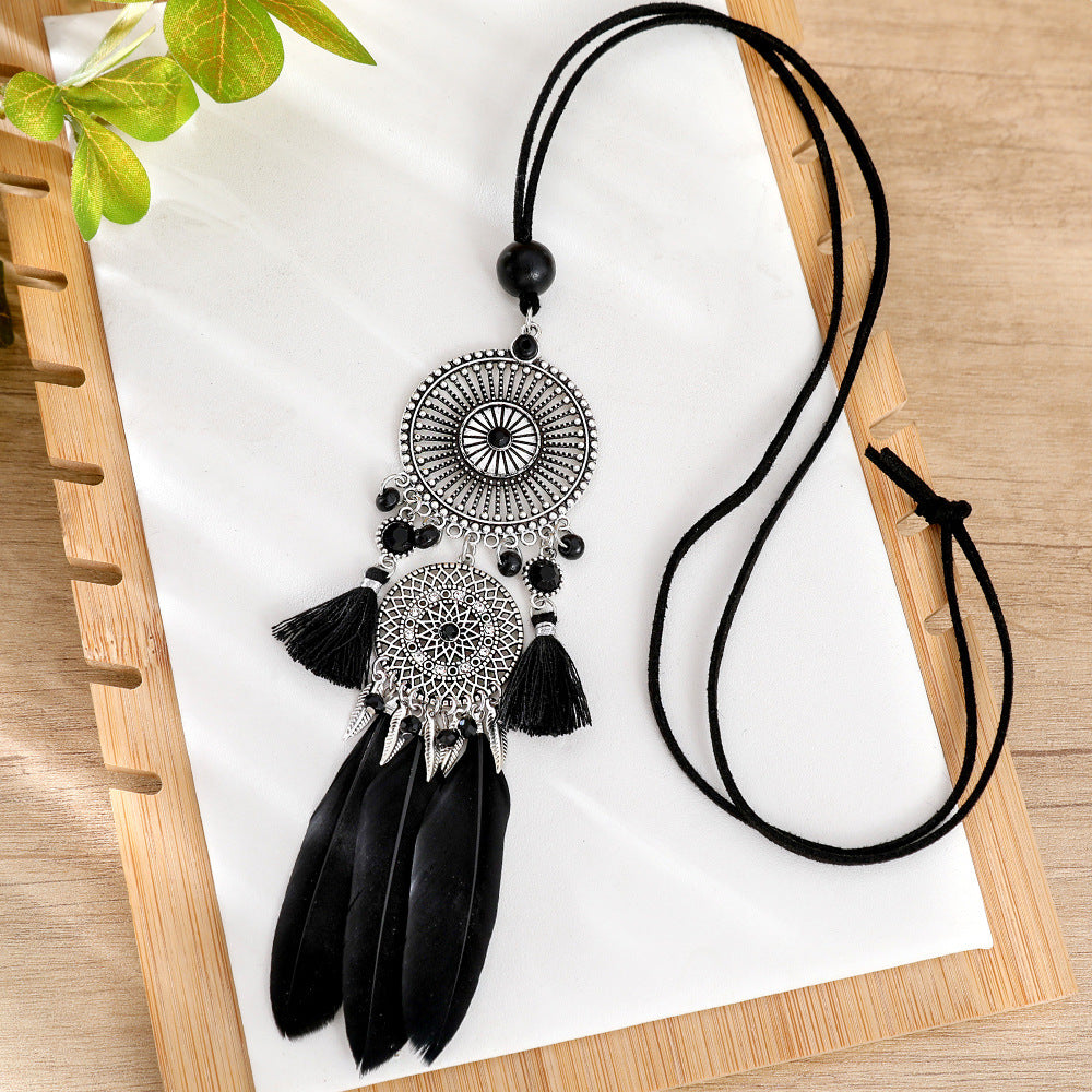Indian Dreamcatcher Black Feather Tassel Necklace Fashion Jewelry