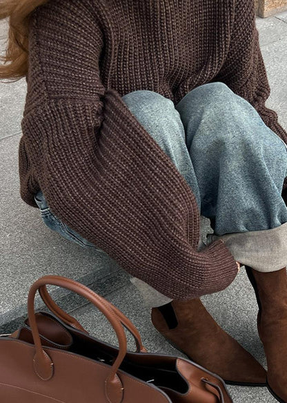 Chunky Knit Pullover Sweater Dark Brown
