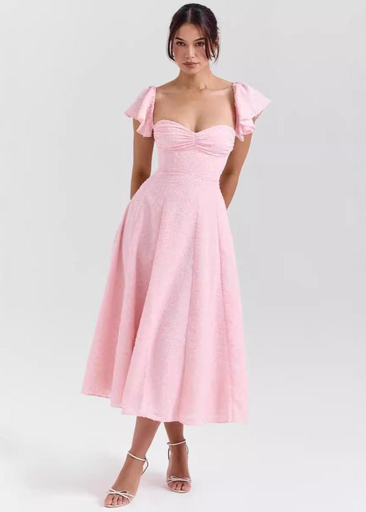 Textured Jacquard Flutter Sleeve Midi Dress