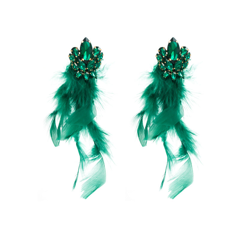Bohemian Floral Alloy Rhinestone Long Feather Tassel Earrings