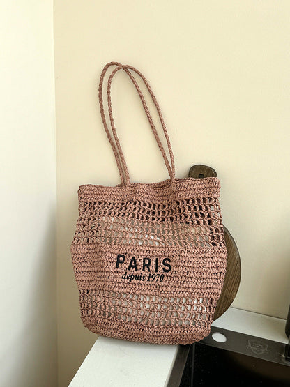 Letter Embroidery Straw Shoulder Bag Large Capacity Beach Tote