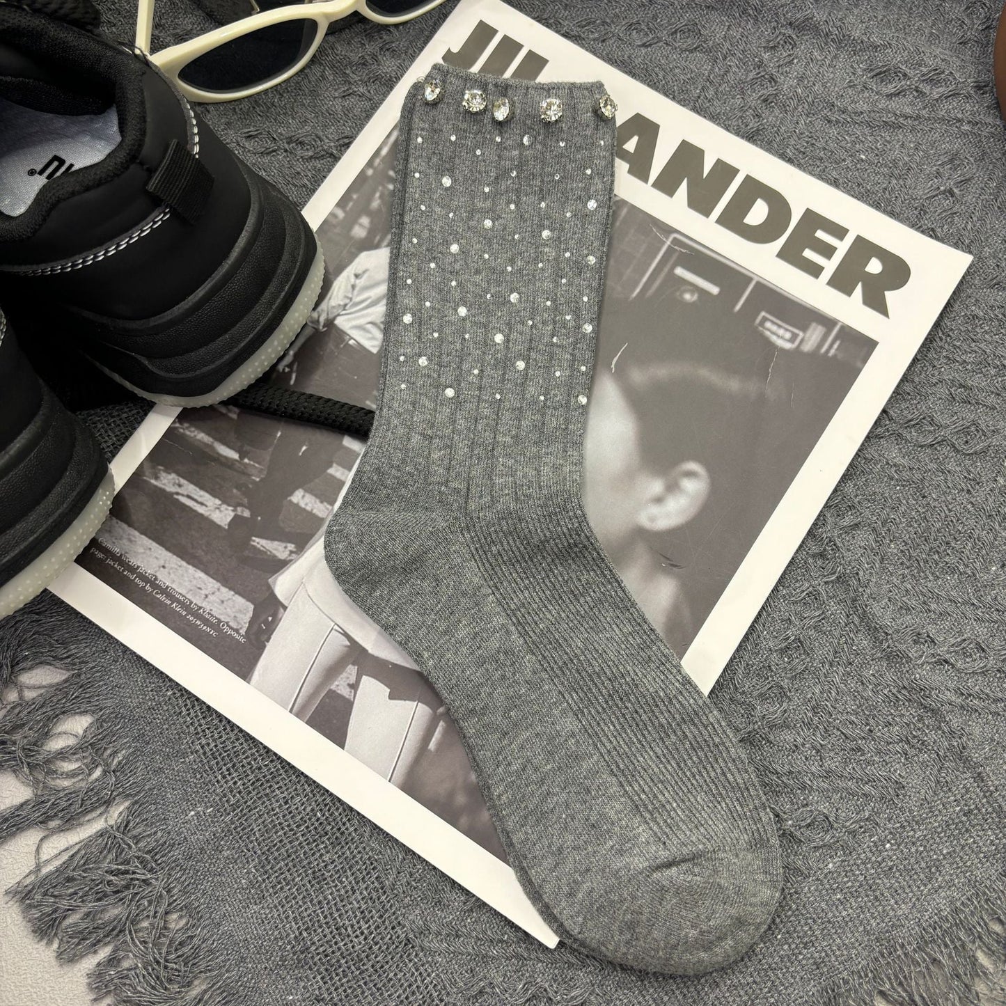 Rhinestone Ribbed Sweet Cotton Socks