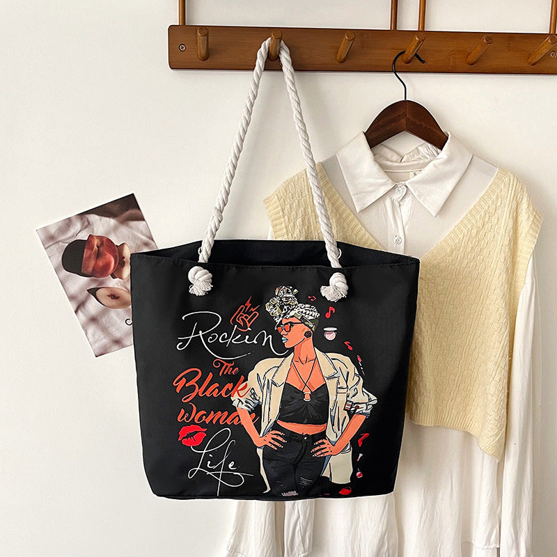 Classic Outdoor Canvas Tote Bag with Cartoon Print