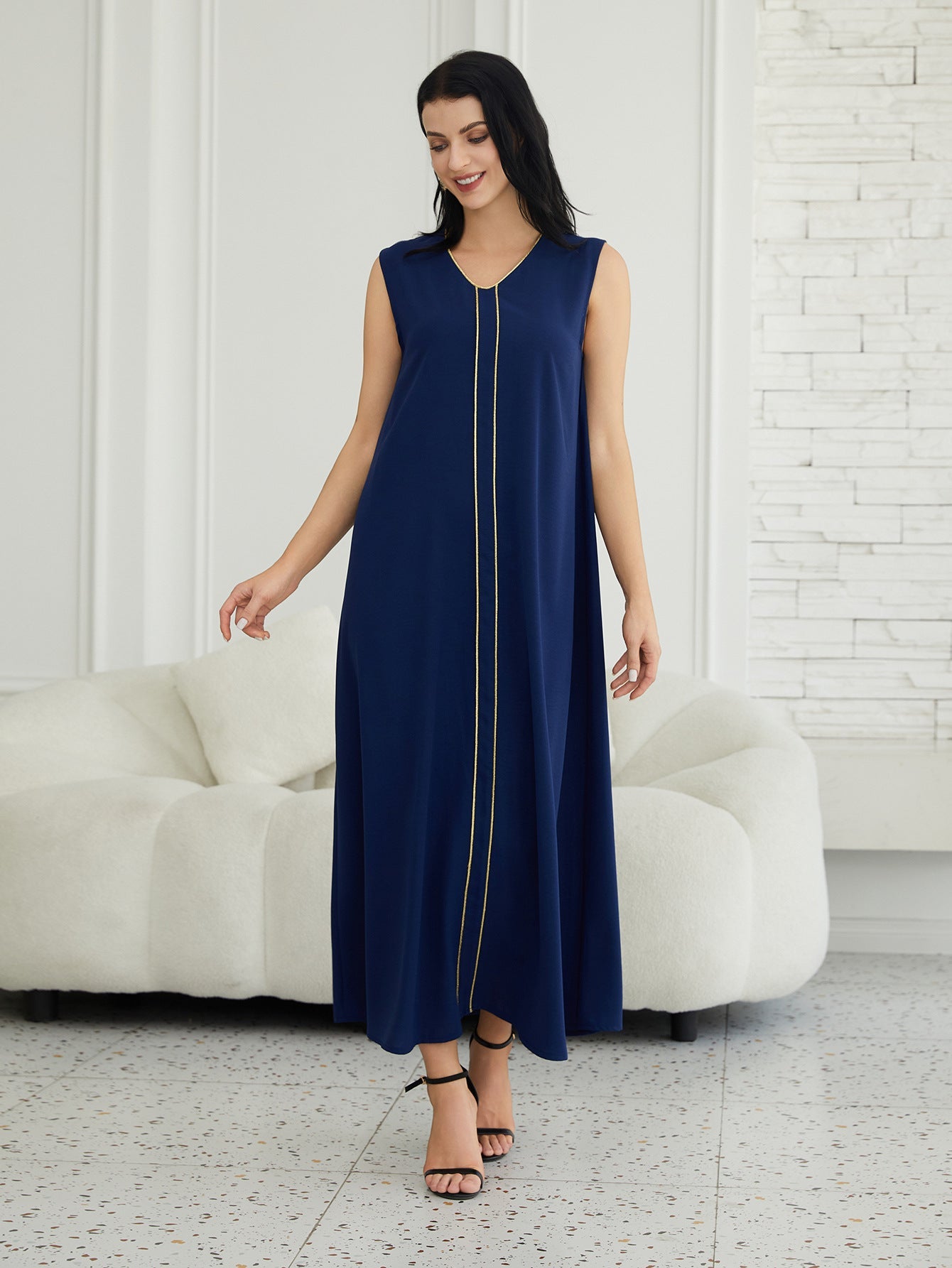 Embroidered Long Kimono Dress Set in Navy Blue and White