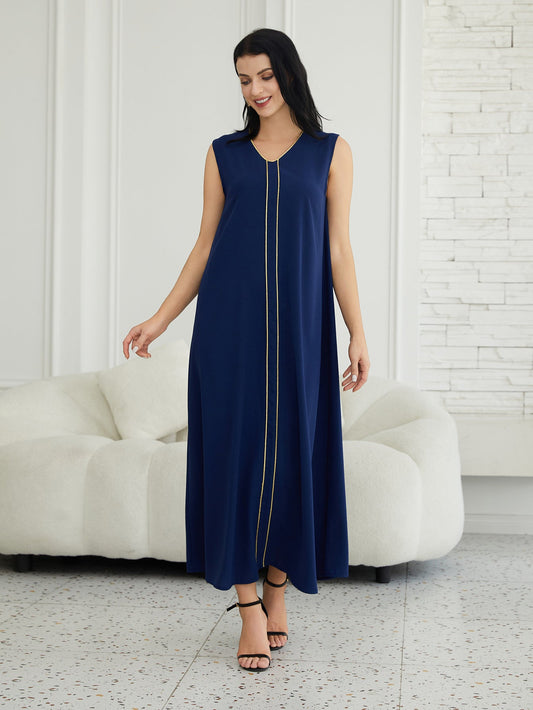 Embroidered Long Kimono Dress Set in Navy Blue and White