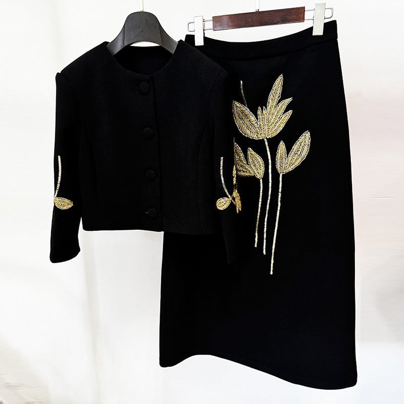 Flower Beaded Jacket And Skirt Set