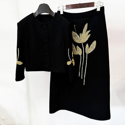 Flower Beaded Jacket And Skirt Set