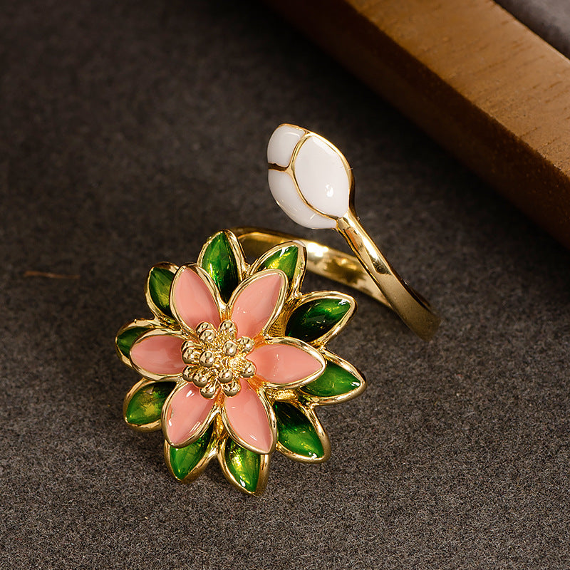 Elegant Floral Adjustable Open Ring With Zirconium For Women
