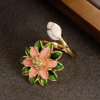Elegant Floral Adjustable Open Ring With Zirconium For Women