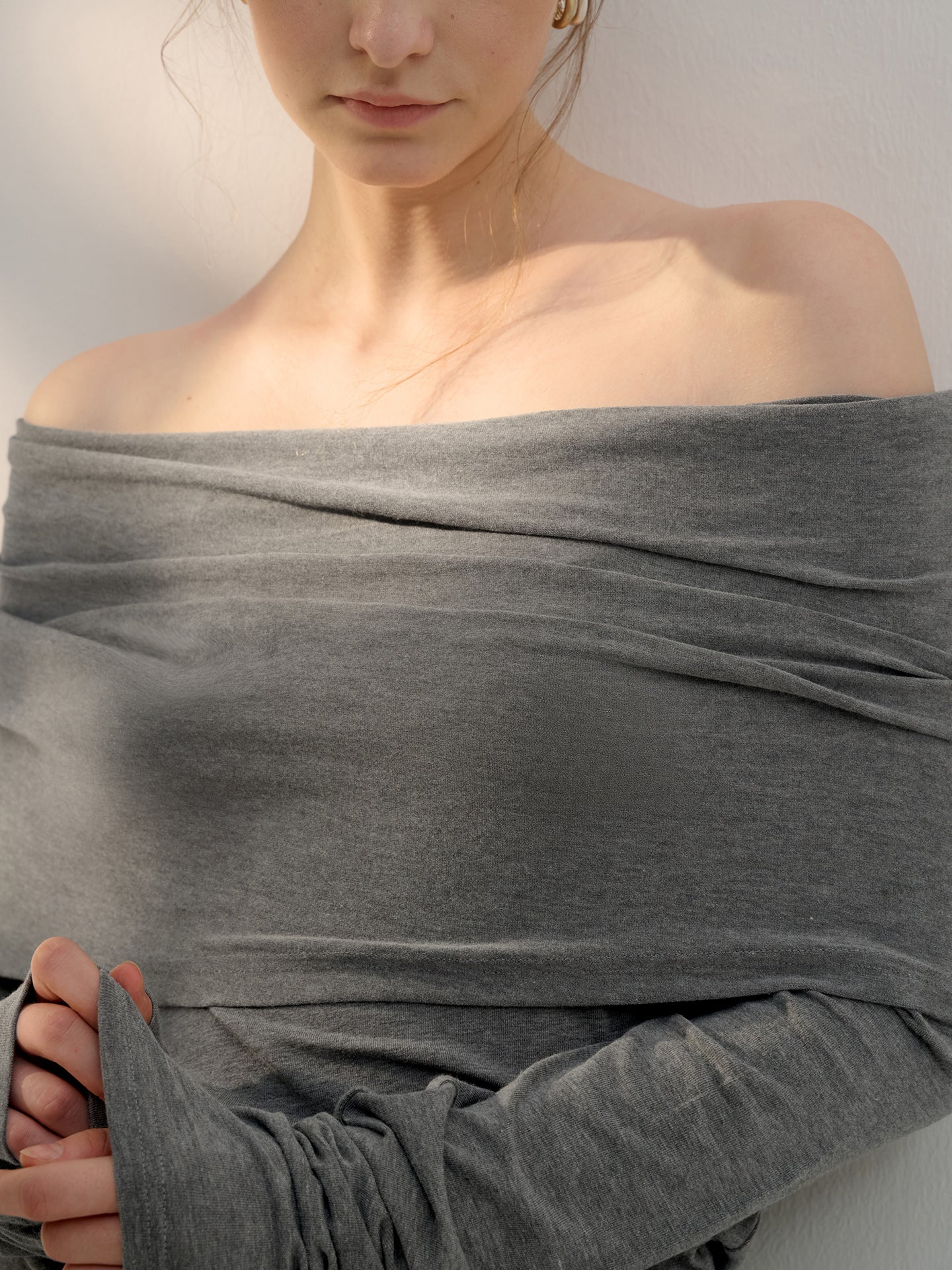 French Off-Shoulder Long Sleeve Top Stylish Knitted T-Shirt