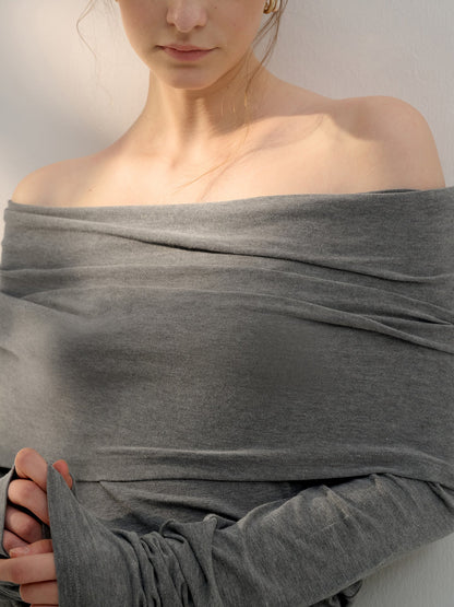 French Off-Shoulder Long Sleeve Top Stylish Knitted T-Shirt