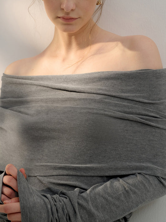 French Off-Shoulder Long Sleeve Top Stylish Knitted T-Shirt