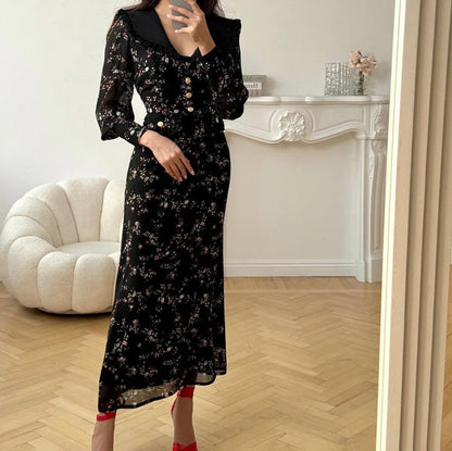 Elegant Floral Print Long Sleeve A-Line Dress