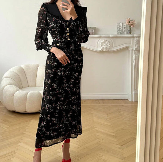 Elegant Floral Print Long Sleeve A-Line Dress