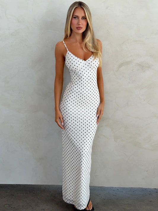 Elegant Polka Dot Deep V Neck Maxi Dress