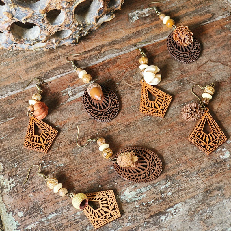 Geometric Bohemian Hollow Wood Earrings for Women