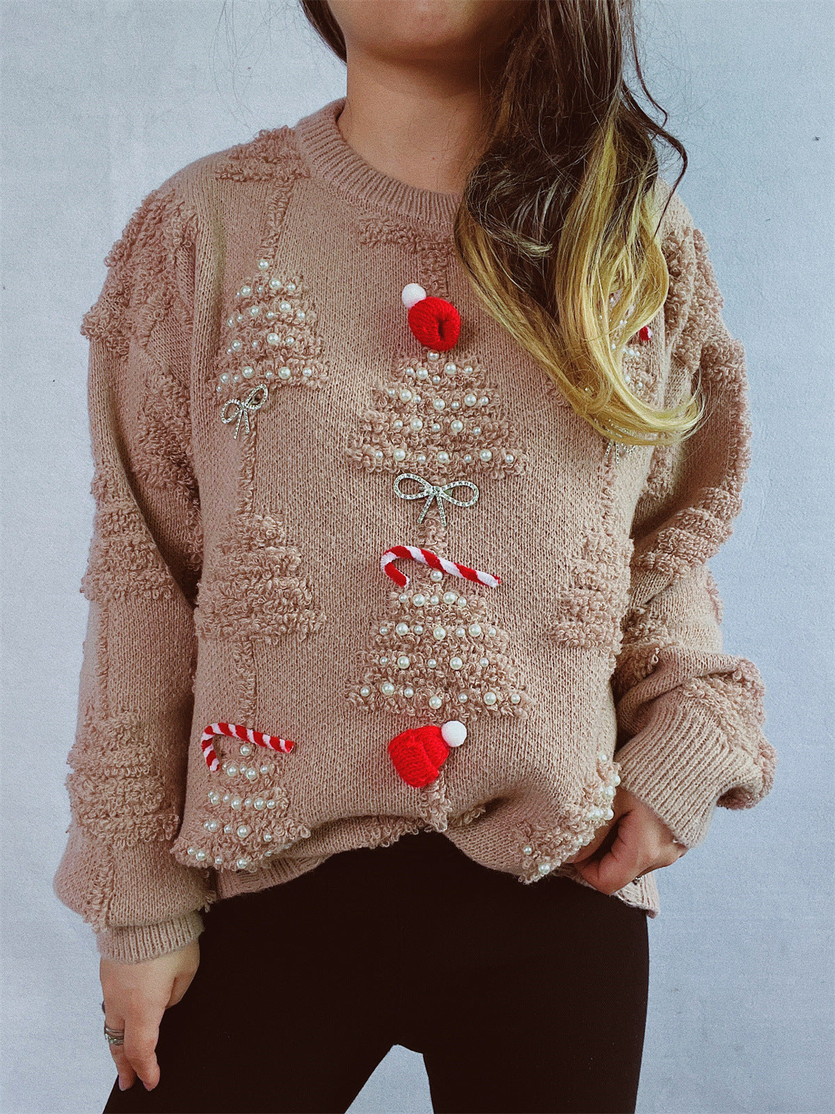 Solid Color Crew Neck Pearl Christmas Sweater