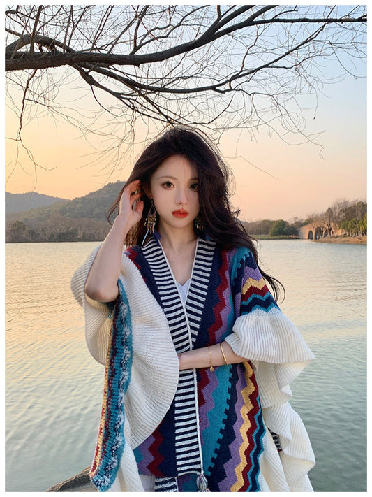 Ethnic Style Shawl Women'S Wooden Ears Fashionably Wear Knitted Cloak