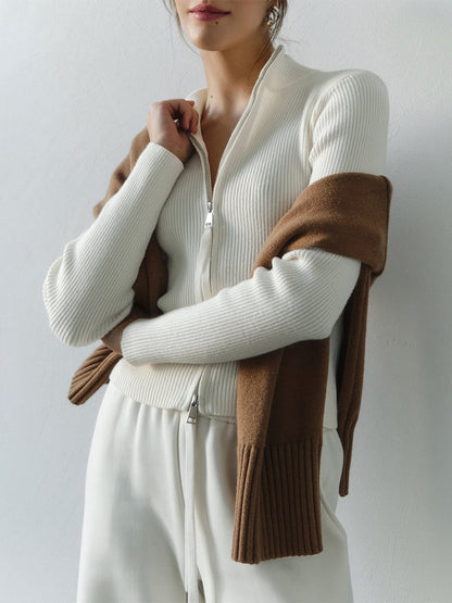 Casual Long Sleeve Cardigan Zipper Knit Jacket for Women