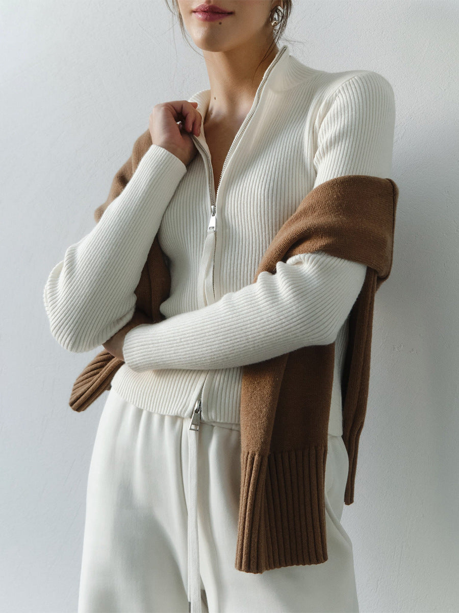Fitted Long Sleeve Cardigan with Zipper Cozy Knit Outerwear