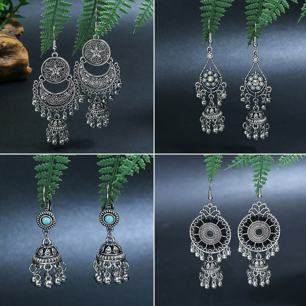 Bohemian Geometric Alloy Earrings with Bell Detail