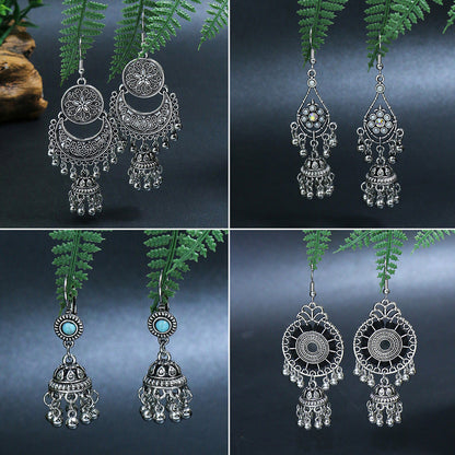 Bohemian Geometric Alloy Earrings with Bell Detail