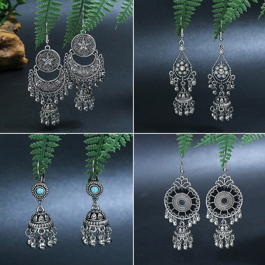 Bohemian Geometric Alloy Earrings with Bell Detail