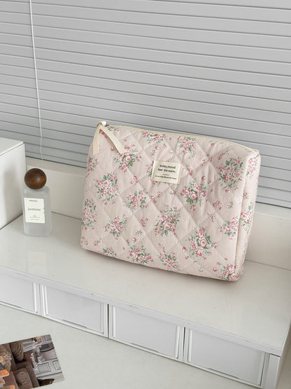 Pink Floral Quilted Makeup Travel Bag Stylish Large Capacity