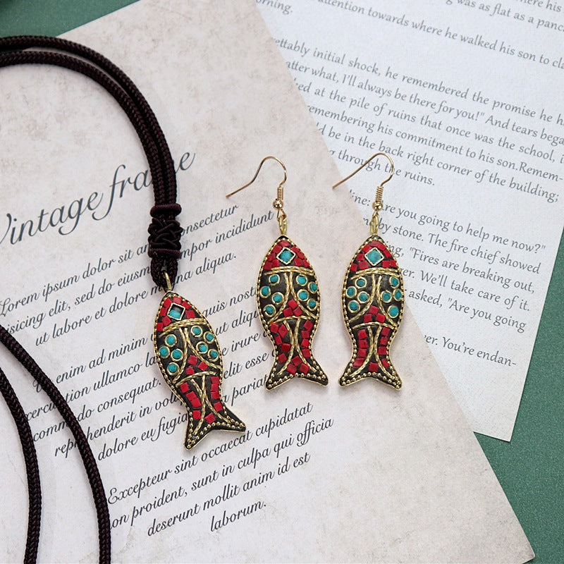 Minority Design Nepal Copper Fish Tibetan Handmade Necklace Men'S And Women'S Ethnic Style Retro Temperament Simple Earring Set