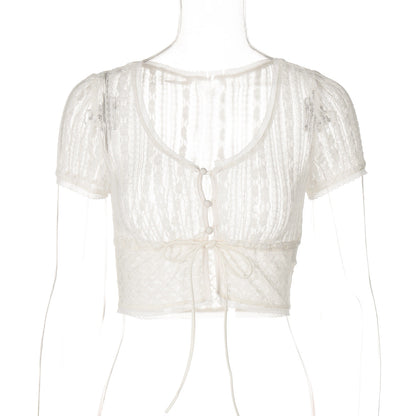 Sexy Lace Crop Cardigan T-Shirt for Women