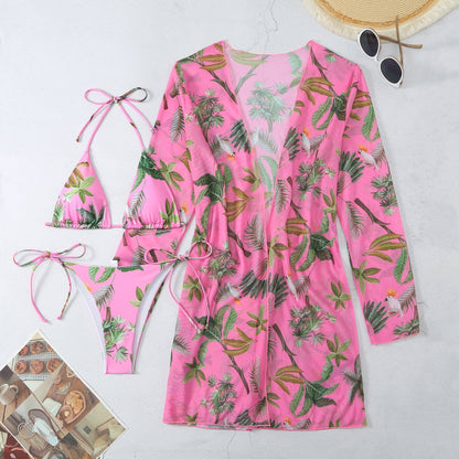 5 Colors Swimwear Printed Mesh Three-Piece Cover-Up Bikini Swimsuit