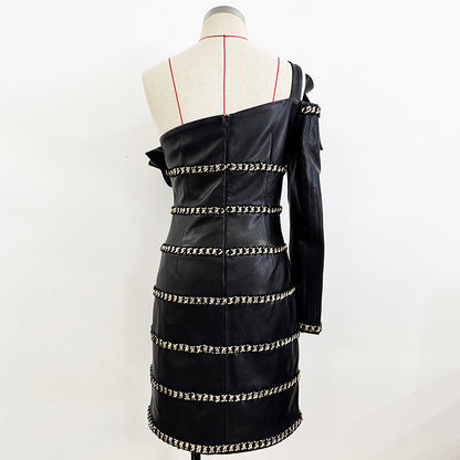 Stylish Asymmetrical Ruffled One-Shoulder Pu Dress