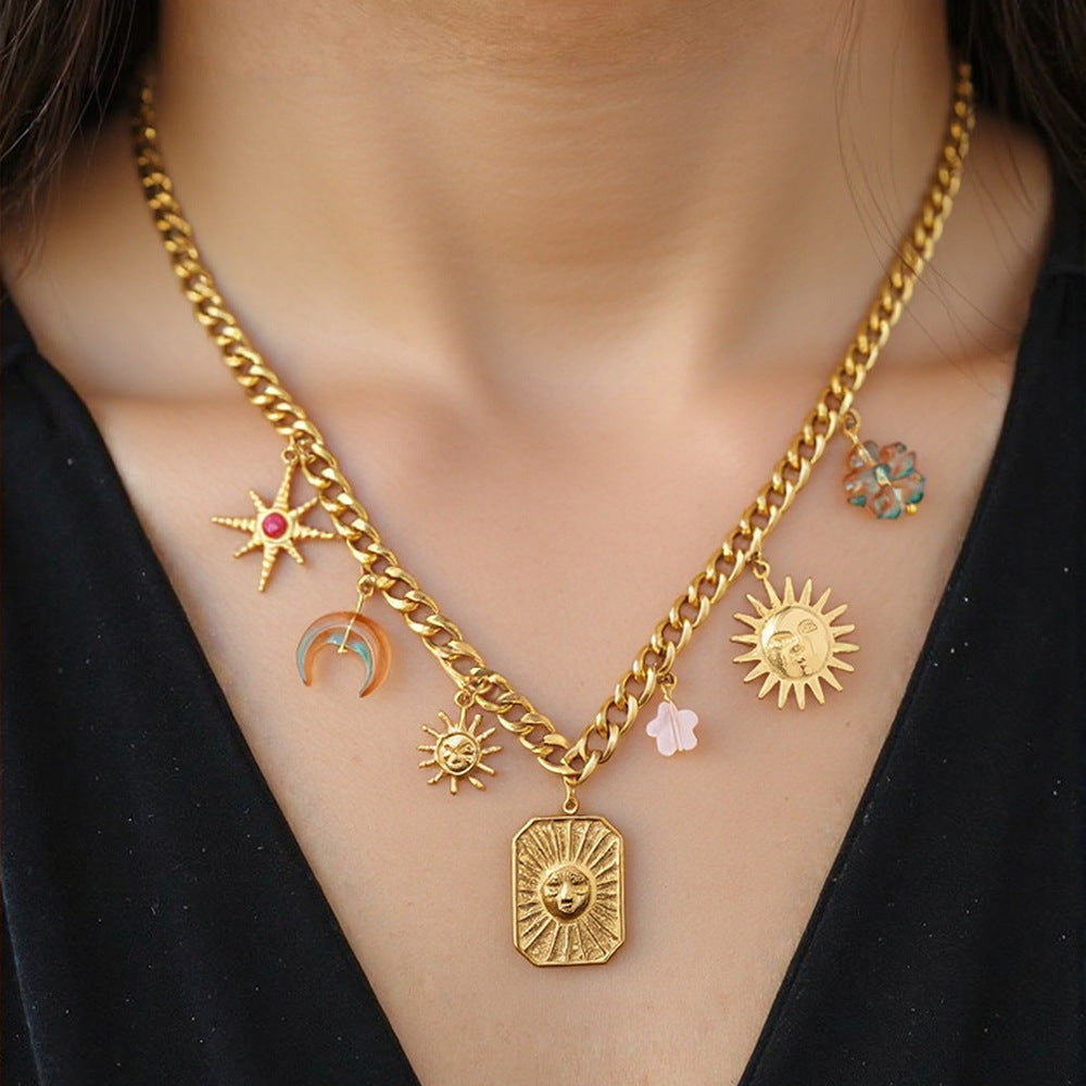 Trendy Sun and Star Stainless Steel Necklace 18K Gold Plated Choker