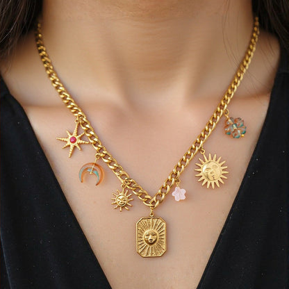 Trendy Sun and Star Stainless Steel Necklace 18K Gold Plated Choker