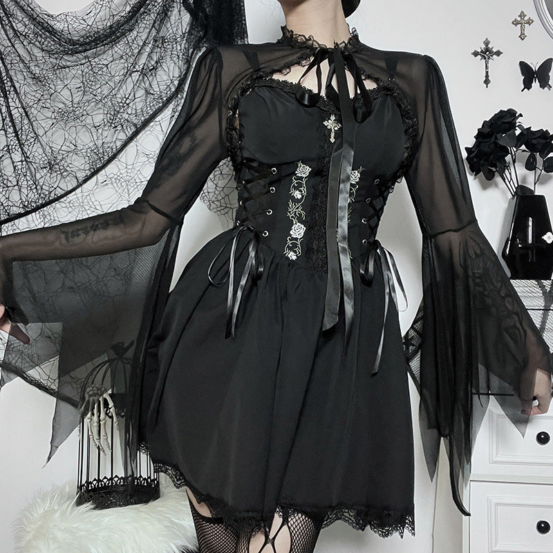 Sheer Lace Panel Long Sleeve Top with Tie Band