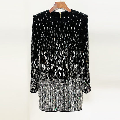 Elegant Black Velvet Sequin Long Sleeve Dress