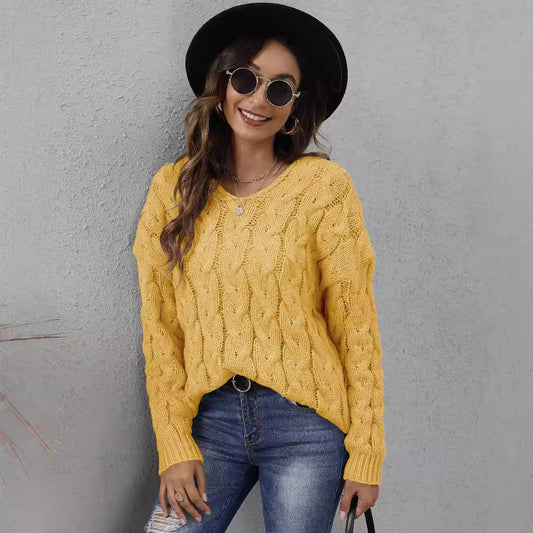 Fashionable Chunky Knit V-Neck Hoodie Sweater For Women