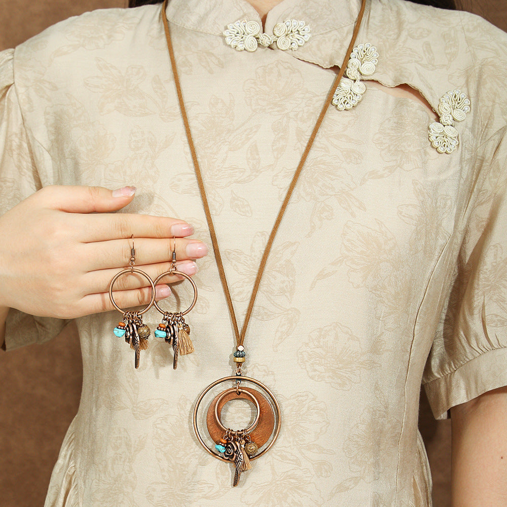 Bohemian Dreamcatcher Tassel Earrings and Wooden Necklace Set