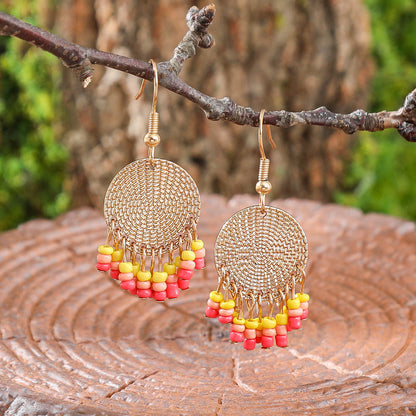 Long Dangle Rose Leaf Earrings Alloy with Beads