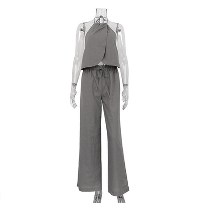 Sexy Two-Piece Set with Halter Neck Tank Top and Wide-Leg Pants