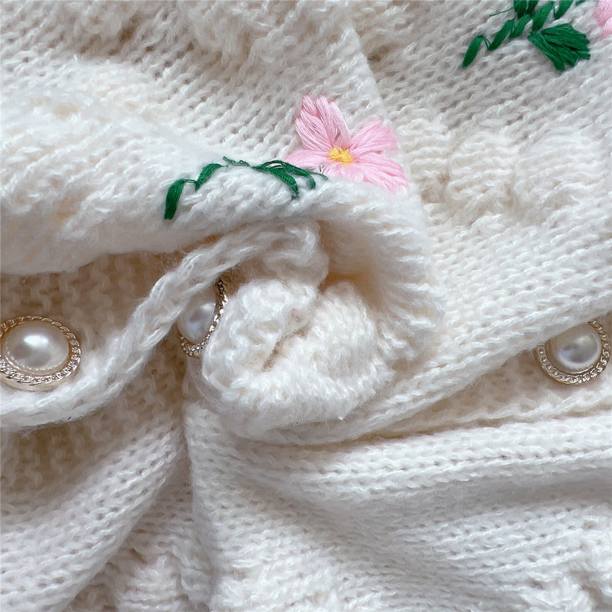 Floral Embroidery Crochet Pearl Button Knit Cardigan