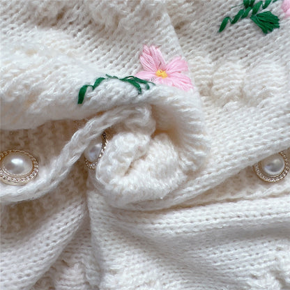 Floral Embroidery Crochet Pearl Button Knit Cardigan